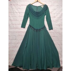 Coty Forest Fairy Lace Maxi Dress Green Whimsigoth Renaissance Beaded Fringe SM